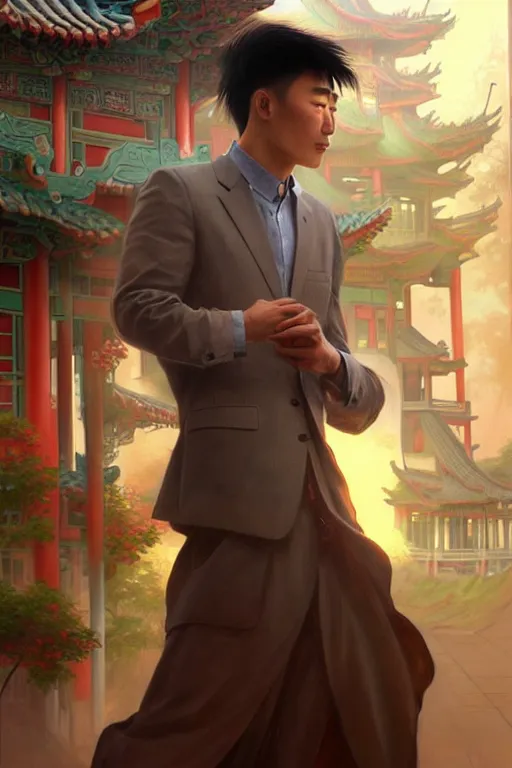 Image similar to clear portrait of a chinese attractive men, cottagecore!!, background hyper detailed, character concept, full body, dynamic pose, glowing lights!! intricate, elegant, highly detailed, digital painting, artstation, concept art, smooth, sharp focus, illustration, art by artgerm and greg rutkowski and alphonse mucha