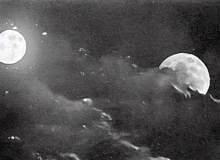 Image similar to vintage film still of the moon exploding shattering fragments in the sky around the exploding moon over new york city in the 1 9 2 0 s from the old sci - fi movie