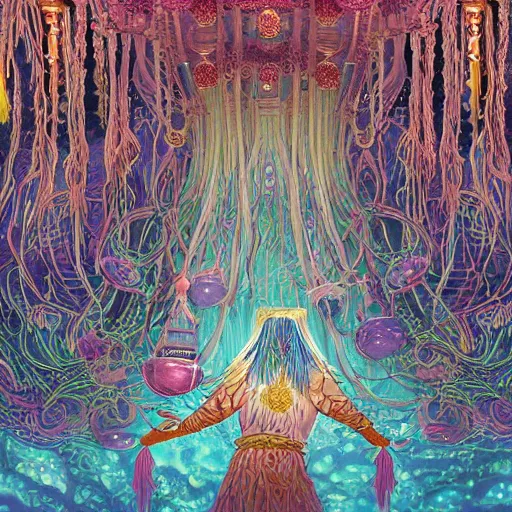 Prompt: A painting of priestesses worshipping at the jellyfish temple, shrouded in mist, jellyfish god, jellyfish priestess, jellyfish shrine maiden, 8K, illustration, art by BambooWu, smoke, undersea temple with fish, cinematic, insanely detailed and intricate, hypermaximalist, elegant, super detailed, award-winning, magenta and crimson and cyan, rainbow accents, iridescence, bioluminescence, mysterious, ancient, ritual, trending in cgsociety, artstation HQ, ornate, elite, haunting, matte painting, beautiful detailed, insanely intricate details, dreamy and ethereal, otherworldly