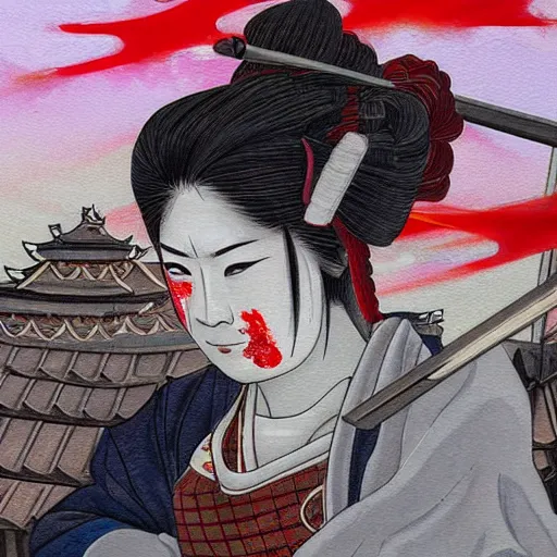 Prompt: a samurai woman on top of a building in japan in broad daylight and her sword smeared with blood, her face fixed and frightening, ultra detailed painting, dynamic light, expressions, cinematic