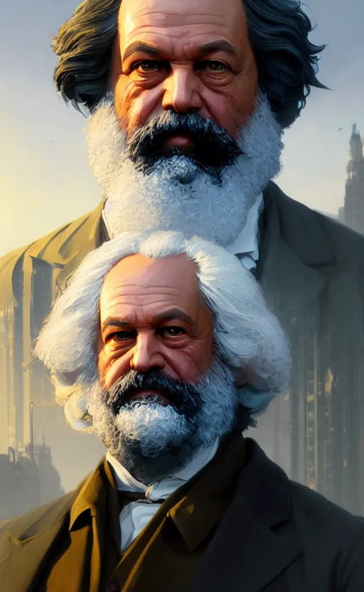 Image similar to highly detailed portrait of karl marx in gta v, stephen bliss, unreal engine, fantasy art by greg rutkowski, loish, rhads, ferdinand knab, makoto shinkai and lois van baarle, ilya kuvshinov, rossdraws, tom bagshaw, global illumination, radiant light, detailed and intricate environment