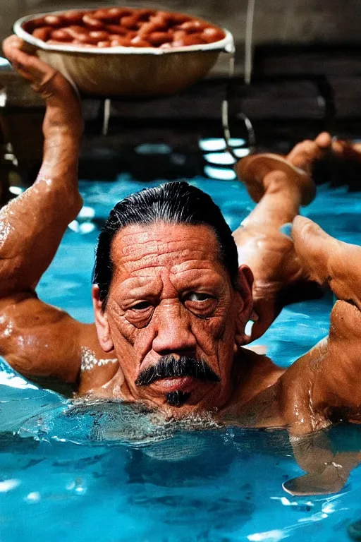 Image similar to danny trejo swimming in a pool of baked beans, realistic, moody grindhouse, dark