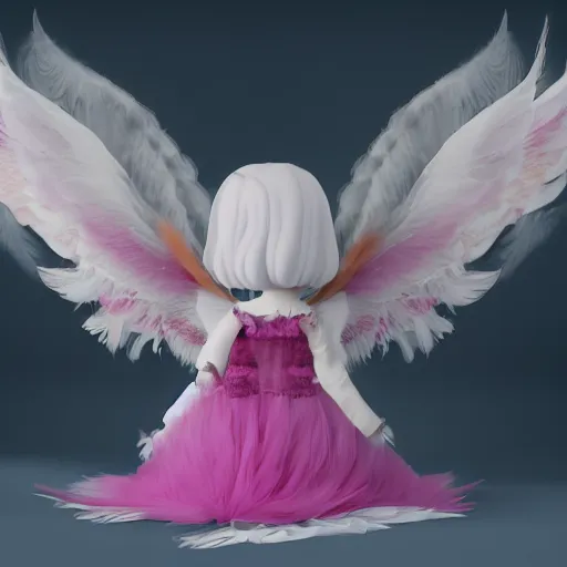 Image similar to cute fumo plush of a divine angel, gothic maiden, ribbons and flowers, ruffled wings, feathers raining, particle simulation, clouds, vray