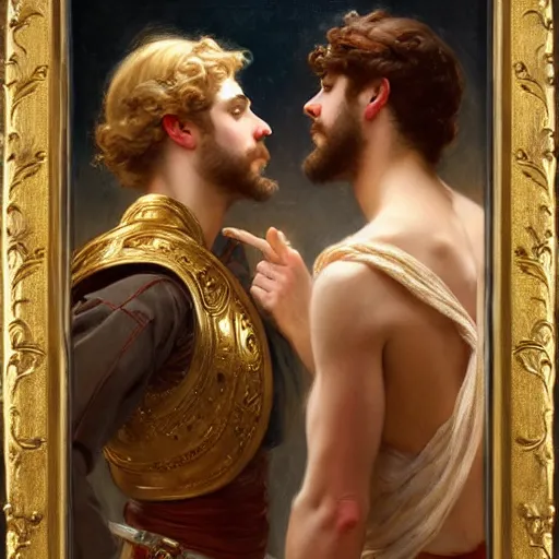 Image similar to attractive fully clothed king confesses his love for his attractive fully clothed male prince. highly detailed painting by gaston bussiere and j. c. leyendecker 8 k