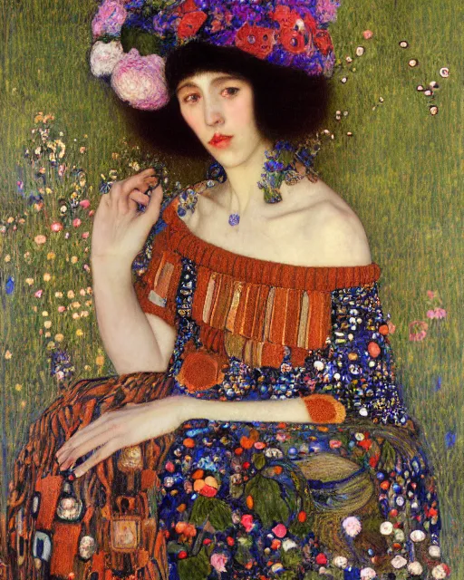 Prompt: a beautiful dark haired girl wearing lipstick in a colourful dress with surrounded by colourful patterns and flowers, by gustave klimt and edgar maxence and caravaggio and michael whelan, artistic, intricate drawing, light brazen, realistic fantasy, extremely detailed and beautiful aesthetic face, 8 k resolution, dramatic lighting