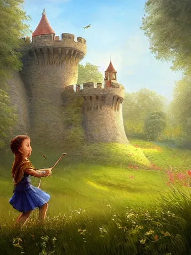 Image similar to children playing inside a meadow in the castle walls. intricate, elegant, highly detailed, digital painting, artstation, concept art, sharp focus, illustration, by justin gerard and artgerm, 8 k