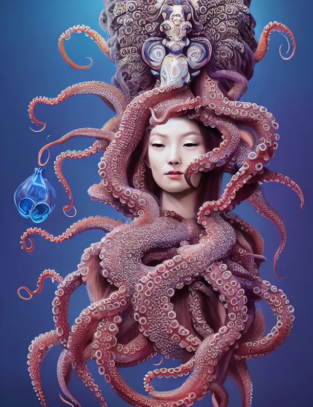 Image similar to 3 d goddess octopus half - turn portrait with long hair with ram skull. beautiful intricately detailed japanese crow kitsune mask and clasical japanese kimono. betta fish, jellyfish phoenix, bio luminescent, plasma, ice, water, wind, creature, artwork by tooth wu and wlop and beeple and greg rutkowski