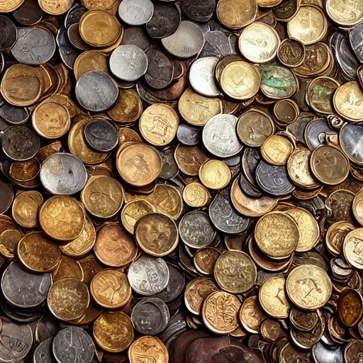 Prompt: An enormous treasure trove filled with several piles of coins in gold, silver and copper, wide shot, ultra-high definition, 4K, museum quality photo