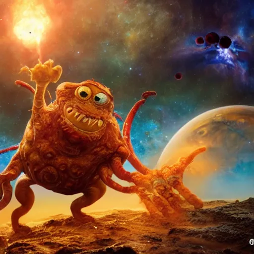 Image similar to one eldritch horror bloody garfield in space, galaxy, hd, 8 k, cinema footage, giant, epic, realistic photo, unreal engine, stars, prophecy, powerful, cinematic lighting, destroyed planet, debris, violent, sinister, ray tracing, dynamic, print, epic composition, dark, horrific, teeth, grotesque