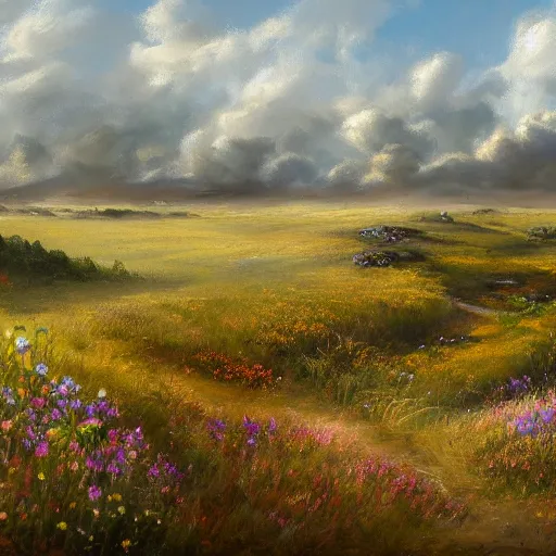 Prompt: a matte painting of a european prairie, patchy flowers and rocks, oil painting, pale colors, high detail, 8 k, wide angle, trending on artstation,