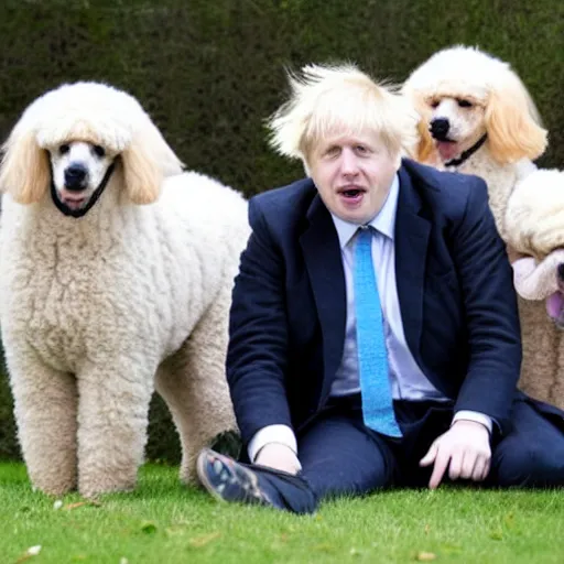 Image similar to Boris Johnson sitting with a group of poodles at a park.