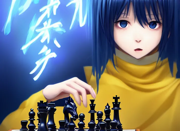 Image similar to rimuru playing chess, with gold eyes, sky blue straight hair, bangs, black jacket, high collar, concept art, award winning photography, digital painting, cinematic, by wlop, anime key visual, wlop, 8 k, by ross tran, tom bagshaw, ilya kuvshinov, andy warhol