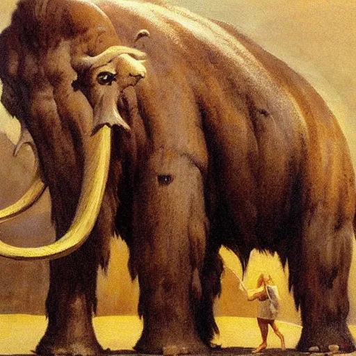 Image similar to a mammoth threatening a girl, detailed oil painting by Frank Frazetta