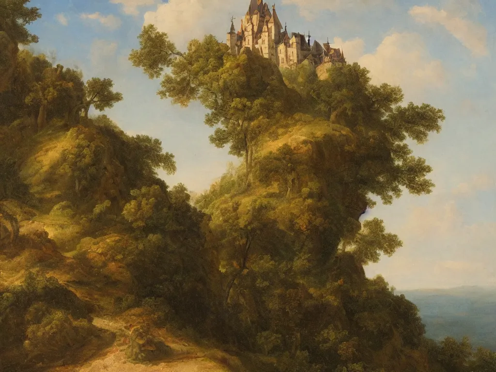 Image similar to a landscape painting of a german castle on the cliff