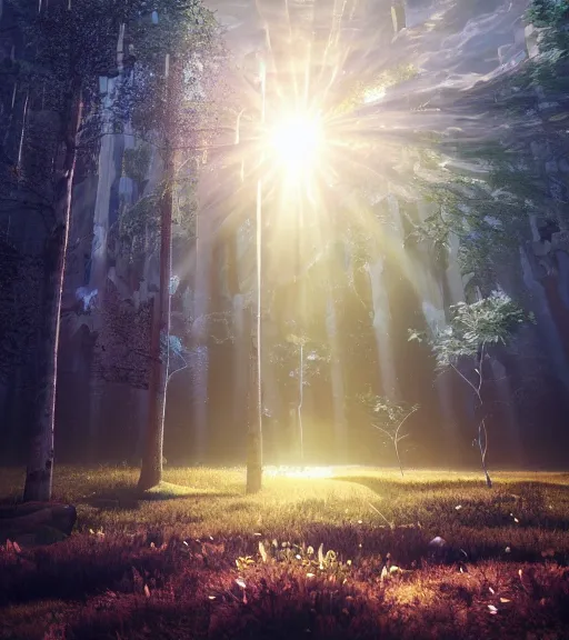 Image similar to symmetric daydreaming of the sun glare, fluidity dance of the blockchain sheets in the air, cyberpunk forest, majestic light, octane render, beauty fog, ethereal glare of the sun, raining rainbow, volumetric lighting, hyperealistic, epic, masterpiece