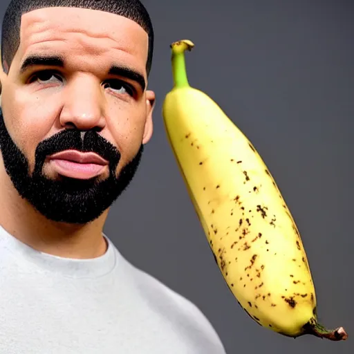 Image similar to a photograph of drake holding a banana up to his ear