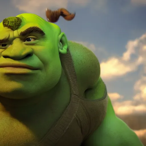 Image similar to shrek as the hulk, wide shot, dramatic lighting, octane render, hyperrealistic, high quality, HD, cinematic