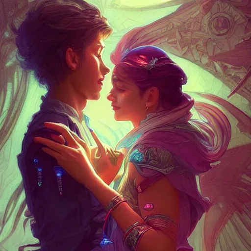 Image similar to a young couple hugging each other in a retrowave environment, D&D, fantasy, intricate, elegant, highly detailed, digital painting, artstation, concept art, matte, sharp focus, illustration, hearthstone, art by Artgerm and Greg Rutkowski and Alphonse Mucha