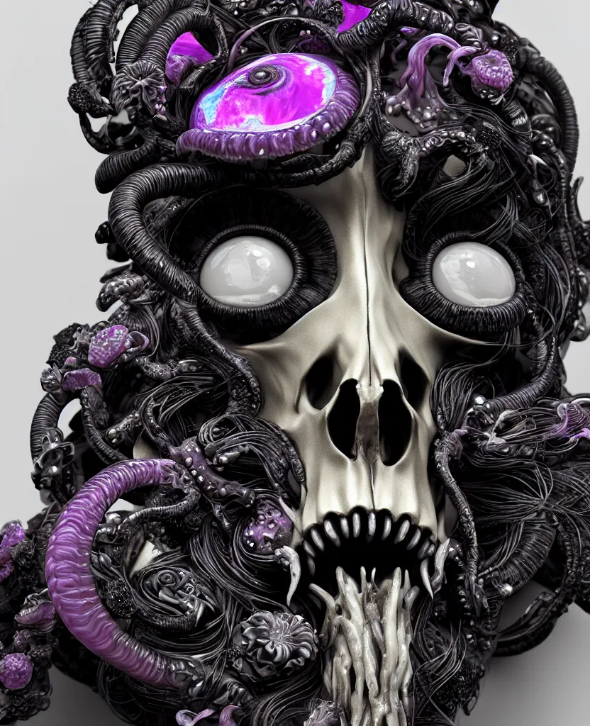 Image similar to goddess princess face close-up portrait ram skull. sculpture made of black and dichroic. jellyfish phoenix head, nautilus, orchid, skull, betta fish, bioluminiscent creatures, intricate artwork by Tooth Wu and wlop and beeple. octane render, trending on artstation, greg rutkowski very coherent symmetrical artwork. cinematic, hyper realism, high detail, octane render, 8k