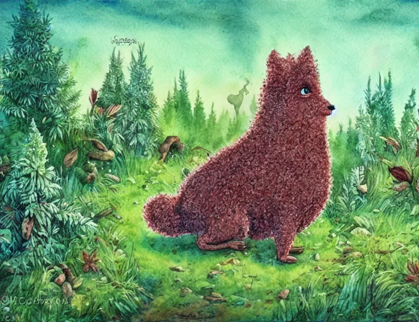 Prompt: feral chia pet in the wilderness. russian fairytale art, watercolor, backlighting