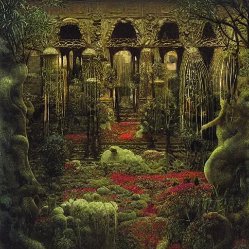 Prompt: a garden in an opulent palace full of exotic poisonous plants, high detail, painted by beksinski