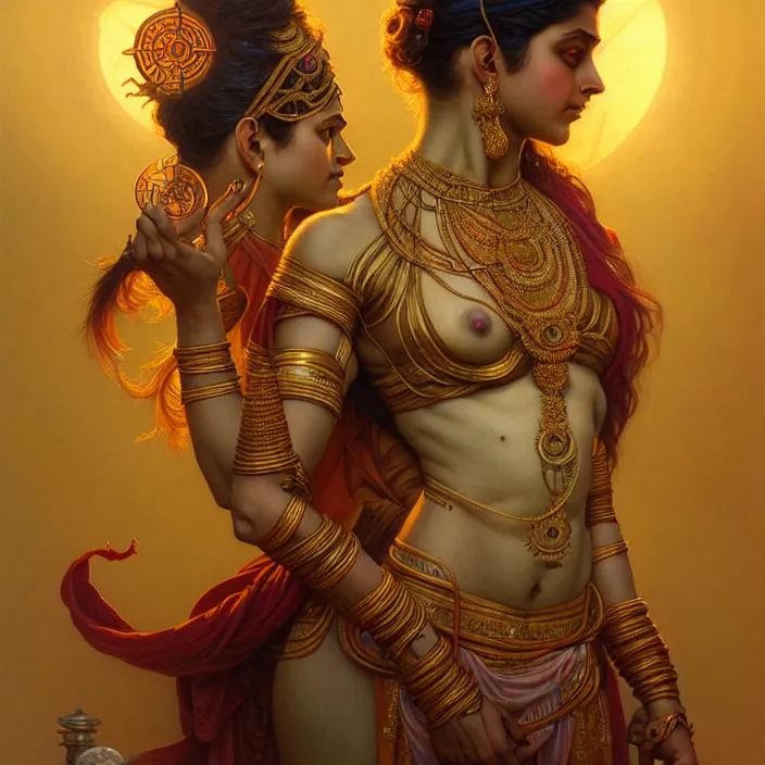 Image similar to hindu cyborg, lakshmi, diffuse lighting, fantasy, intricate, elegant, highly detailed, lifelike, photorealistic, digital painting, artstation, illustration, concept art, smooth, sharp focus, art by john collier and albert aublet and krenz cushart and artem demura and alphonse mucha