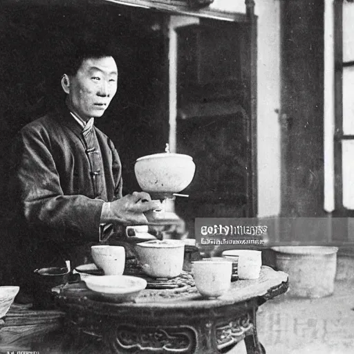 Image similar to Portrait of a 19th century Chinese man preparing a ginseng tea in an old traditional Chinese medicine store, 1900s photography