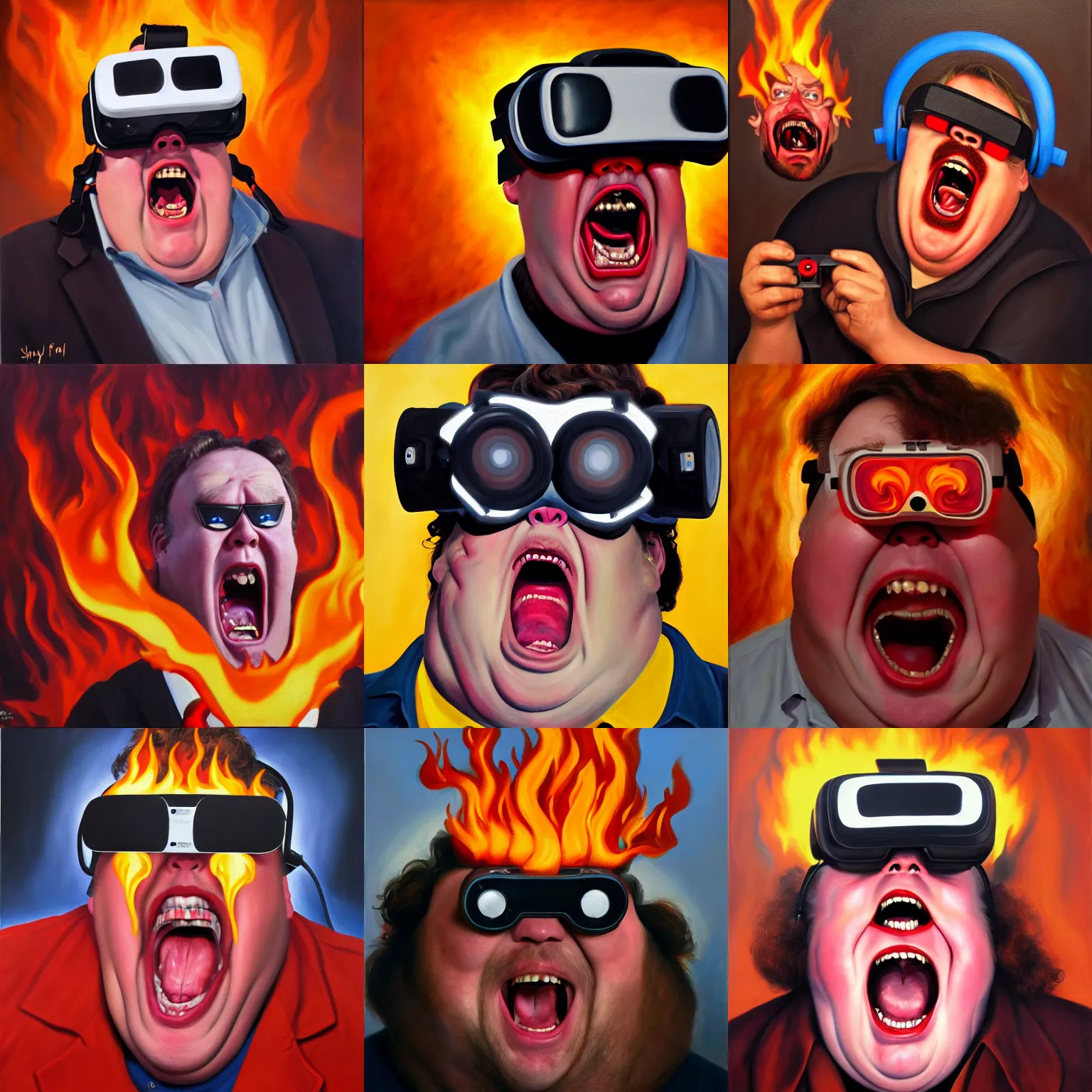 Prompt: portrait from hell, john candy wearing vr goggles screaming in anguish, fire and brimstone, oil on canvas by sidney mount, trending on artstation