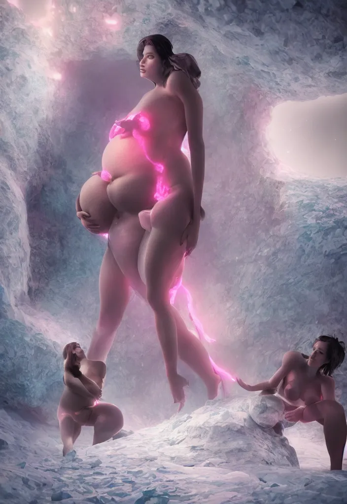 Prompt: epic pregnant woman talking to all her tribe with fluorescence bodies, proud people gather around the pregnant woman, ice cave, facinating, fantasy digital art, octane render, beautiful composition, trending on artstation, award - winning, masterpiece