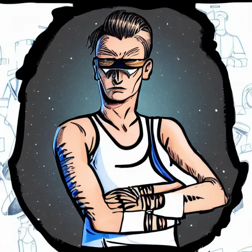 Prompt: detailed illustration of square - jawed emotionless serious blonde woman starship engineer, tribal tattoos, handsome, short slicked - back hair, sweating, uncomfortable and anxious, looking distracted and awkward, wearing victorian dark goggles, dirty white tank top, cargo pants, and gloves, small spacecraft in background, highly detailed, mike mignogna, trending on artstation