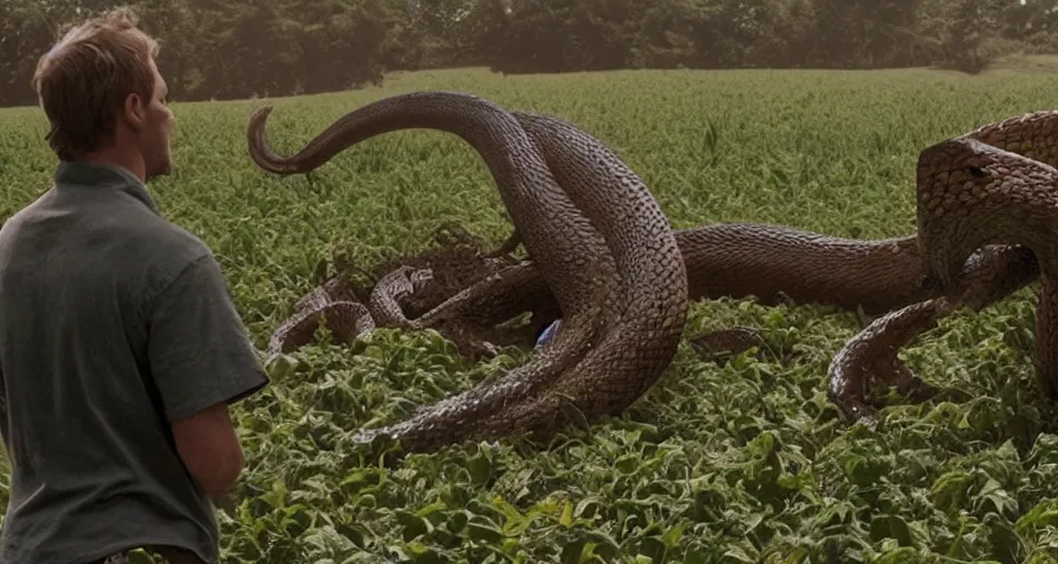 Prompt: film still of a movie about a giant viper that terrorizes a farm house directed by Denis Villeneuve