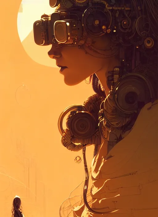 Prompt: highly detailed portrait of a cyberpunk long curly white hair tribal lady, stray wiring by atey ghailan, james gilleard, by joe fenton, by greg rutkowski, by greg tocchini, by kaethe butcher, 4 k resolution, gradient yellow, black and white color scheme!!! ( ( sandstorm robotic desert landscape background ) )