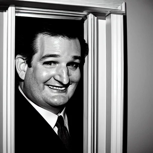 Image similar to Ted Cruz with a wide grin peaking through a door, black and white, creepy lighting, scary, horror, ornate, eerie, fear