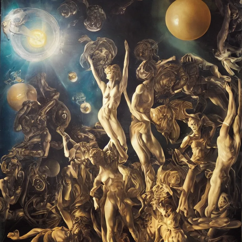 Prompt: marble statues and futuristic aliens reaching through a framed painting, hands holding big glowing orbs, pulp sci - fi art for omni magazine. high contrast. baroque period, oil on canvas. renaissance masterpiece