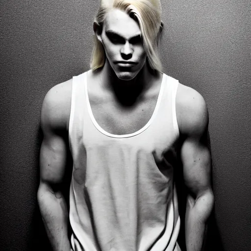 Prompt: portrait of the immensely towering male model Lucius Bjornsson with beautiful long pale blond hair, albino white pale skin, posing for a photoshoot in the golden hour, black tank top, broad shoulders and huge thick arms, ambient lighting, 4k, anime key visual, lois van baarle, ilya kuvshinov, rossdraws, artstation