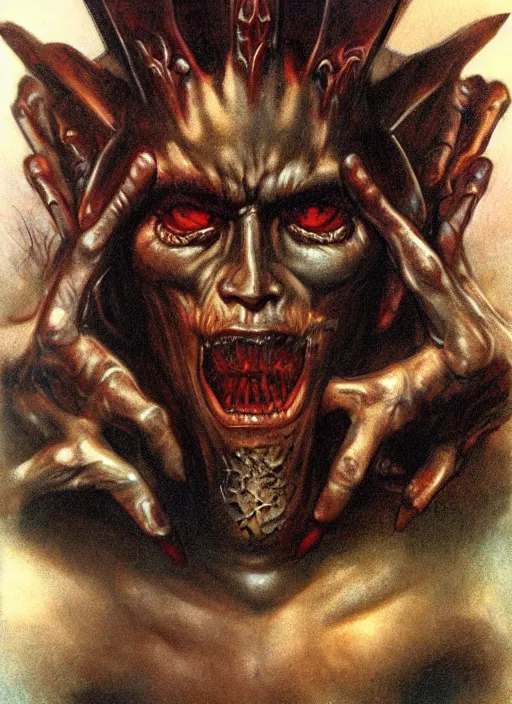 Image similar to portrait of grizzled male god of the damned, black iron crown, claw scars, strong line, deep color, beautiful! coherent! by boris vallejo, by brian froud