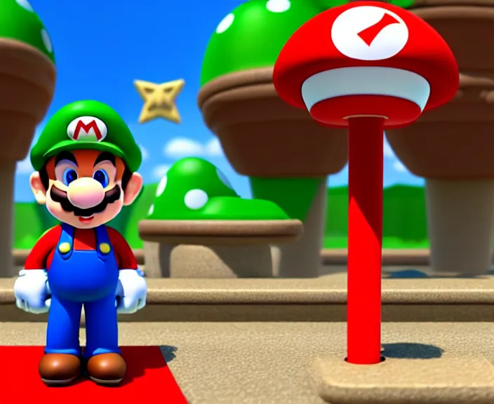 Image similar to still from a 3 d cartoon of ( ( super mario standing behind a podium in the mushroom kingdom, political ) ), 4 k, official screenshot, close - up