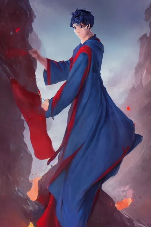 Prompt: Picture of handsome young wizard, Red and blue robes, short dark blue hair, book in hand, no hat, casting pose, artstationHQ, artstationHD, trending in artstation, gelbooru, high fantasy, matte painting, colorful
