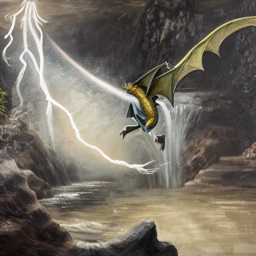 Image similar to oil painting of a dragon flying in the air near a cave with a waterfall in the center, light emanating from the waterfall leading to a big pool of water, dragon has black and white siberian tiger stripes, elegant, sharp focus, wide shot, clear, detailed, early renaissance