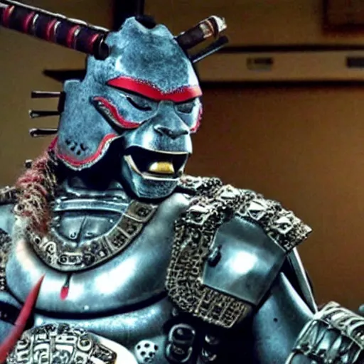 Image similar to fierce big muscular samurai wearing a cybernetic oni mask, amazing accurate movie still