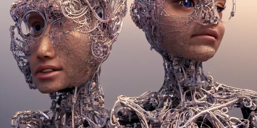 Prompt: a hiper intricate portrait of beautiful cybernetic barbi doll build by artificial inteligence from voronoi fractures, almost done, hiper intricate 3 d render, hyper realistic detailed portrait, scifi, fantasy, hdri light, photoreal, hyper detailed, octane render, concept art, by peter mohrbacher, by wlop, by ruan jia