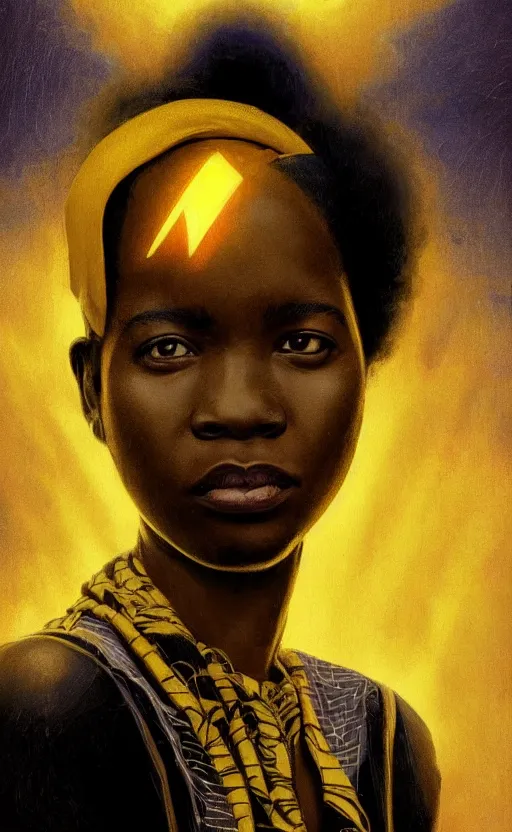 Image similar to upper half portrait of an african in yellow cape - inside a group of clouds - surrounded by bolts of lightning with rays of light emanating from clouds - in drew struzan movie poster style, art by drew struzan & hsiao - ron cheng, highly detailed, digital painting, ray tracing, illustration, smooth, sharp focus, intricate, symmetry, artstation,