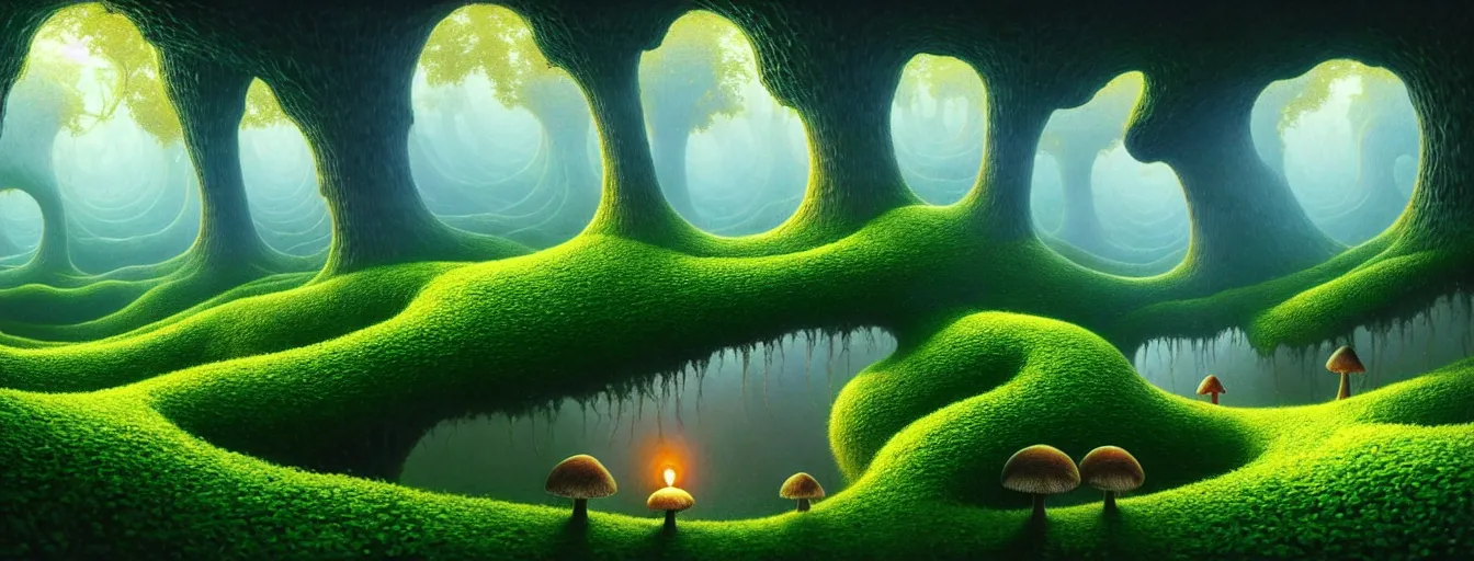 Image similar to gediminas pranckevicius beautiful and stunning professional digital artwork of a glowing mushroom cave, haze, spores floating in the air, vines, water, volumetric lighting, hyperrealistic, rtx on, ultra detail, barlowe wayne, maxfield parrish and marco mazzoni, miniature | no signature!