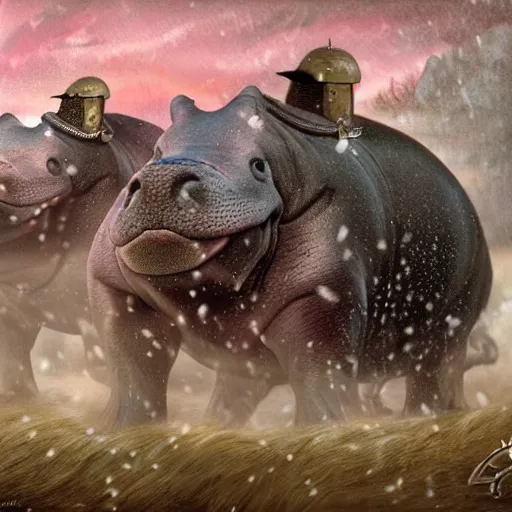 Image similar to fantasy art 4 k photo of hippos in plate mail armor ready for battle in a blizzard