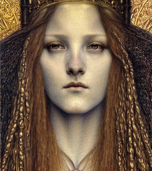 Image similar to detailed realistic beautiful young medieval queen face portrait by jean delville, gustave dore and marco mazzoni, art nouveau, symbolist, visionary, gothic, pre - raphaelite. horizontal symmetry