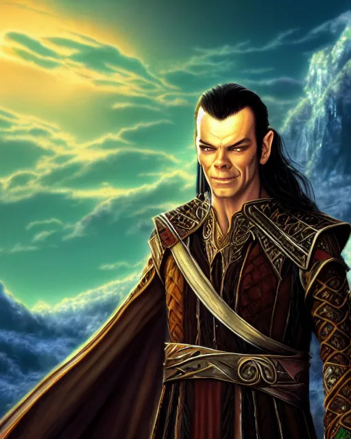 Prompt: Elrond from Lord of the rings, Cover art by Stephen Bliss, boxart, loading screen, 8K resolution