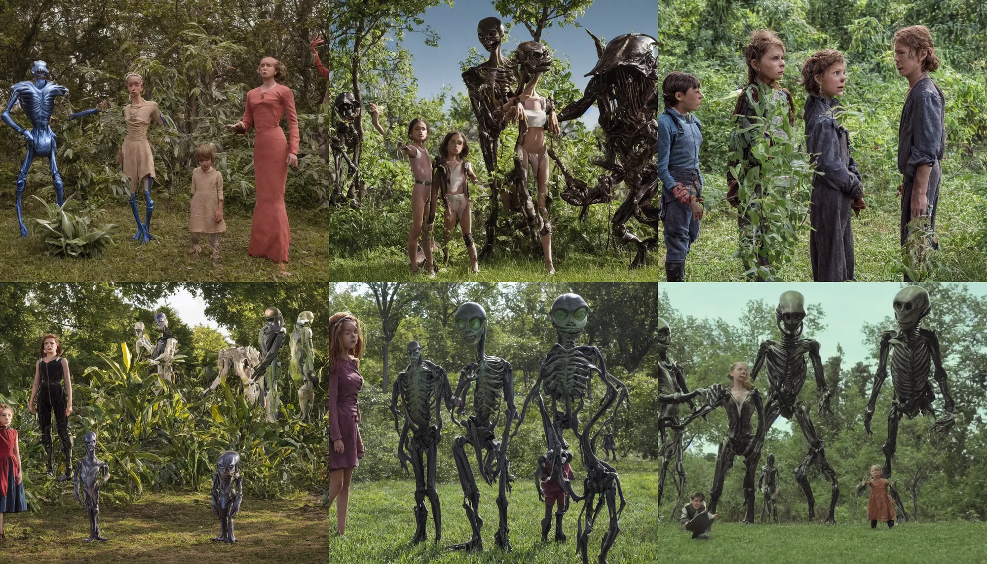 Prompt: sharp, highly detailed, 435456k film, 1612800mm film still from a sci fi blockbuster color movie made in 2019, set in 1860, of a girl and a boy standing soccer with an humanoid alien creature, next to some alien plants, in a park on an alien planet, wearing 1860s era clothes, good lighting, good photography, ultra high definition, in focus