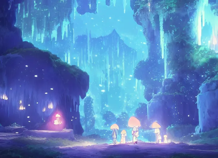 Prompt: Inside a magical cavern with bioluminescent mushrooms, peaceful and serene, incredible perspective, soft lighting, anime scenery by Makoto Shinkai and studio ghibli, very detailed