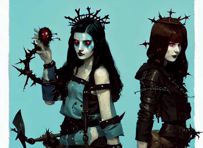 Prompt: portrait of two cute goth maiden girls with crown of thorns and white short hairs, dressed in leather belts, warhammer, cyberpunk, by atey ghailan, by greg rutkowski, by greg tocchini, by james gilleard, by joe gb fenton, by kaethe butcher, dynamic lighting, gradient light blue, brown, blonde cream and white color in scheme, grunge aesthetic