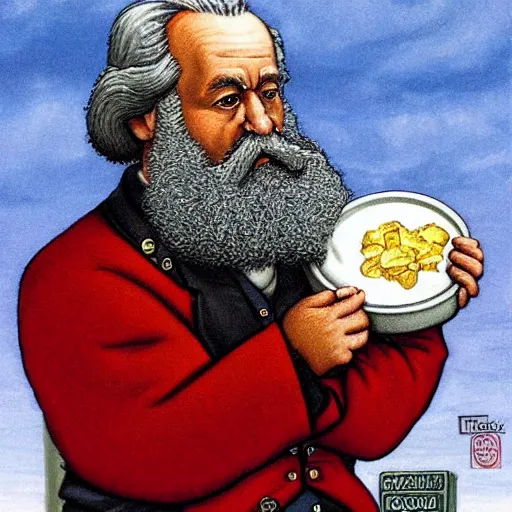 Prompt: Karl Marx pondering his Poutine (the canadian meal) by Todd Lockwood-s 150